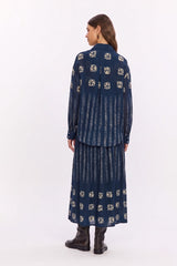 RUSTY INDIGO PLEATED MAXI SKIRT