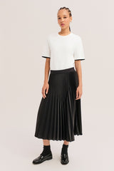 TELA BLACK ELASTICATED WAIST PLEATED SATIN SKIRT