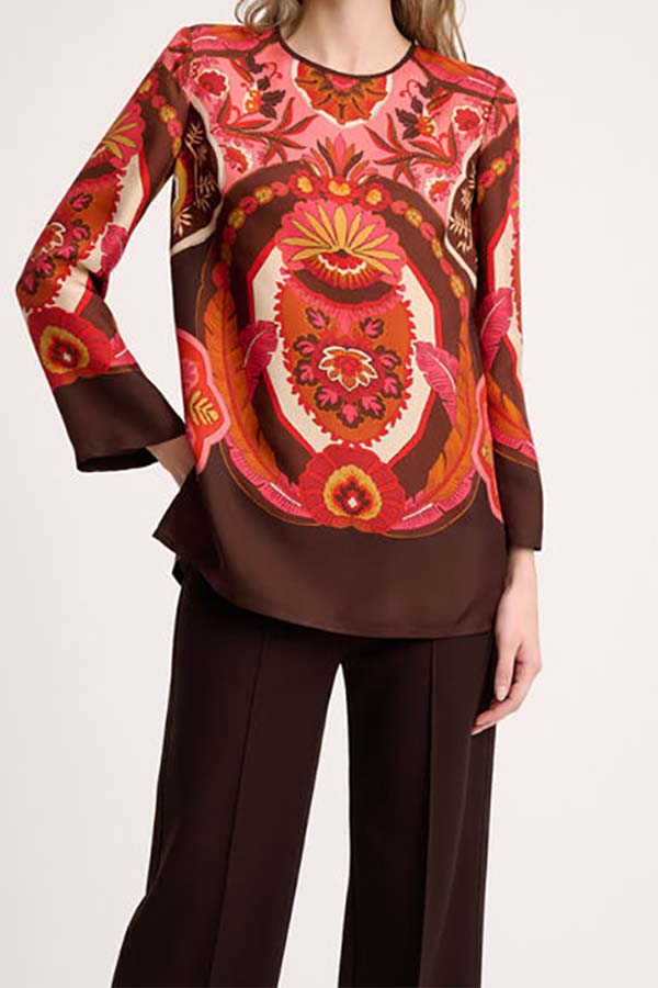 LACCIO ORANGE PRINTED PURE SILK BLOUSE