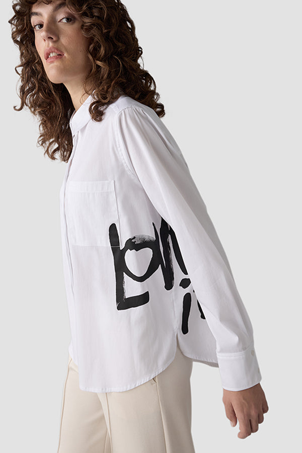 WHITE ABSTRACT BLACK GRAPHIC LONG SLEEVE BUTTON UP SHIRT
