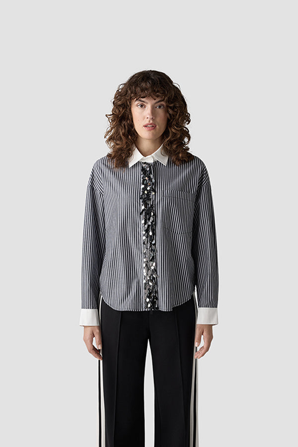 BLACK WHITE CHECKERED DECORATIVE RUFFLE SHIRT