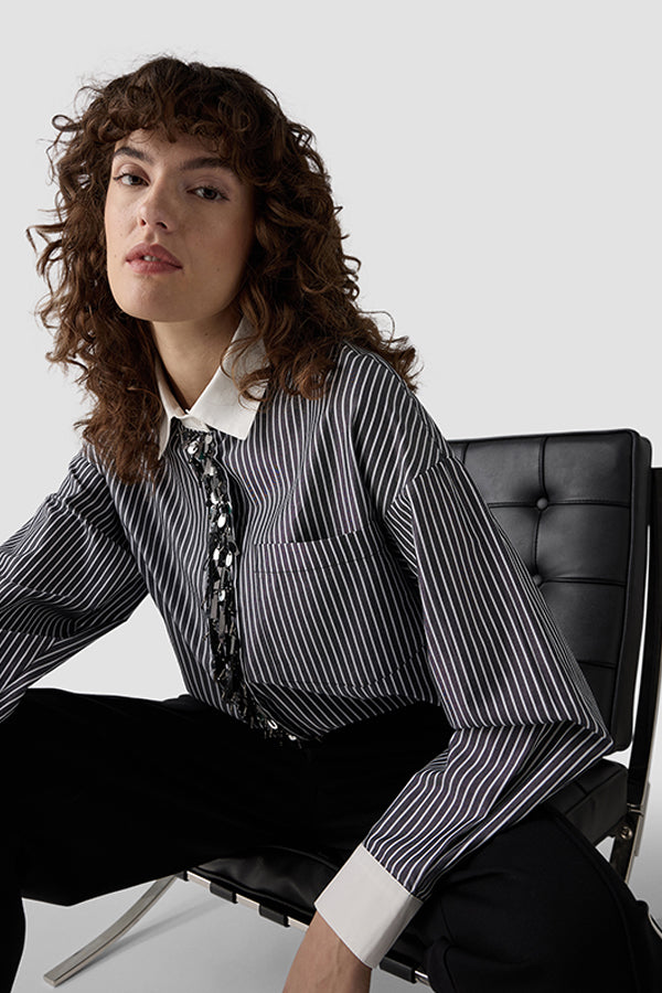 BLACK WHITE CHECKERED DECORATIVE RUFFLE SHIRT
