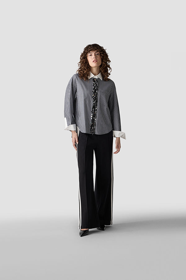 BLACK WHITE CHECKERED DECORATIVE RUFFLE SHIRT