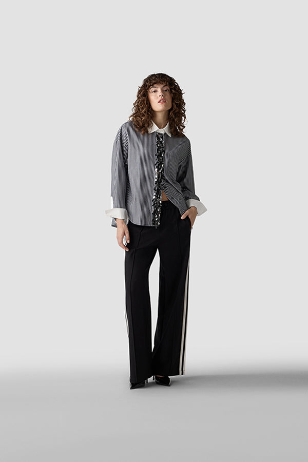 BLACK WHITE SIDE STRIPES WIDE LEG TROUSERS