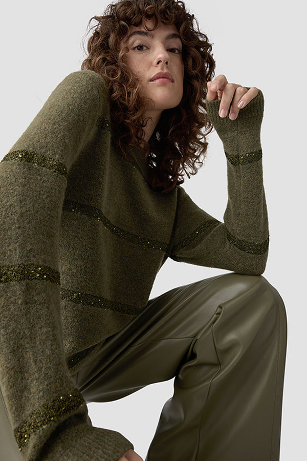 GREEN HORIZONTAL STRIPES KNIT SWEATER