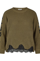 GREEN LACE TRIM ELEGANT CASUAL WEAR KNIT SWEATER