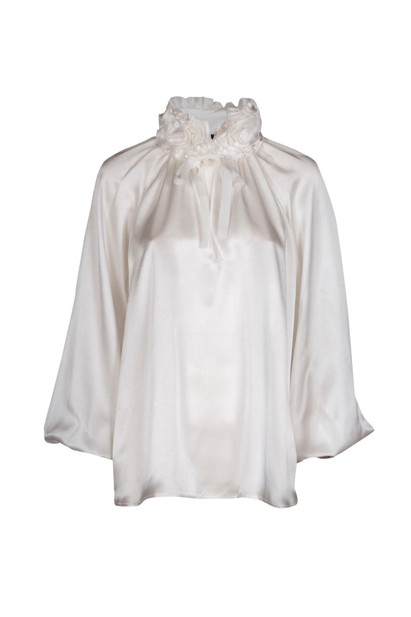 LUANAS WHITE SILK  FLORAL APPLIQUÉ BLOUSE