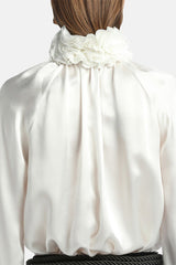 LUANAS WHITE SILK  FLORAL APPLIQUÉ BLOUSE