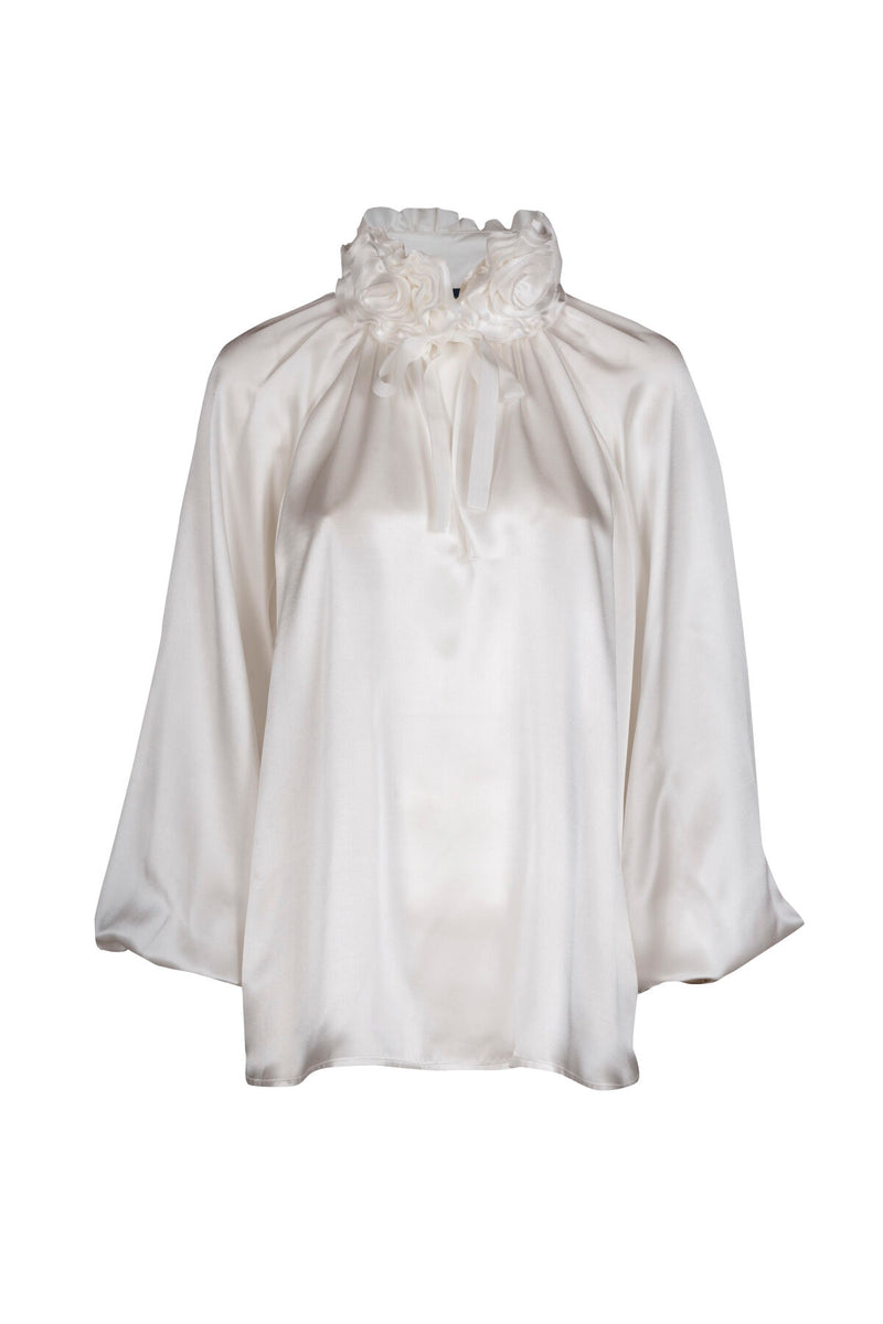 LUANAS WHITE SILK  FLORAL APPLIQUÉ BLOUSE