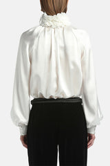 LUANAS WHITE SILK  FLORAL APPLIQUÉ BLOUSE