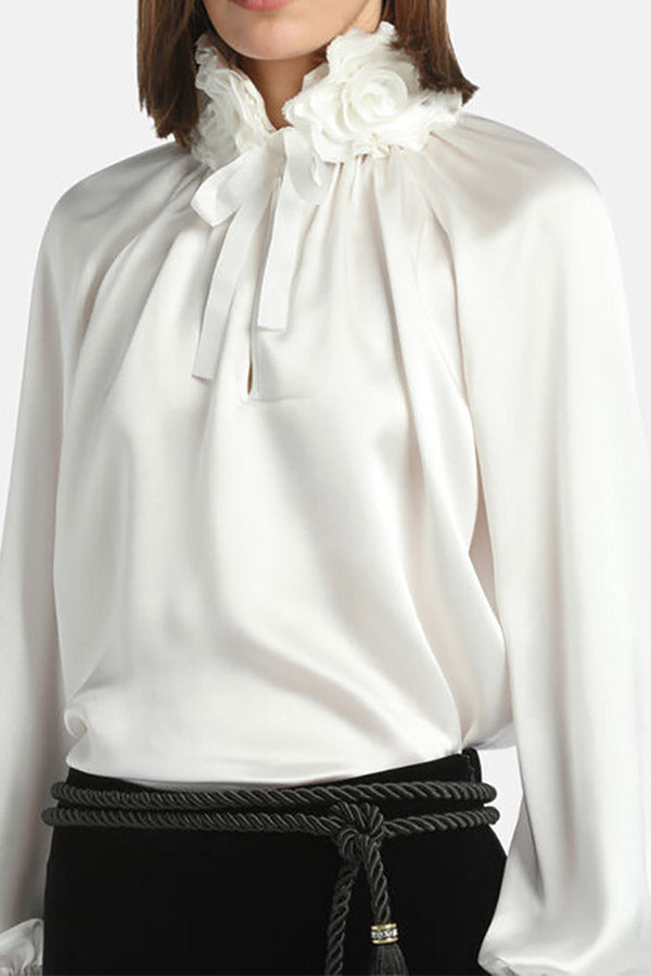 LUANAS WHITE SILK  FLORAL APPLIQUÉ BLOUSE