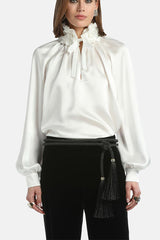 LUANAS WHITE SILK  FLORAL APPLIQUÉ BLOUSE