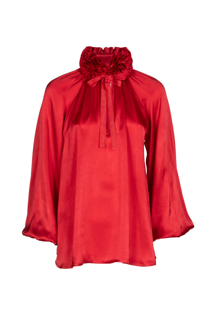 LUANAS RED  SILK  FLORAL APPLIQUÉ BLOUSE