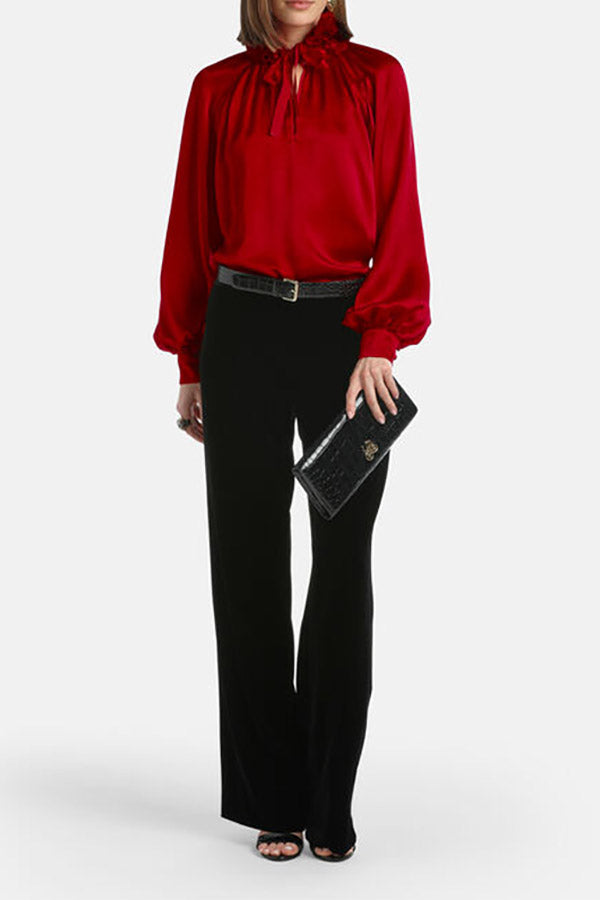 LUANAS RED  SILK  FLORAL APPLIQUÉ BLOUSE