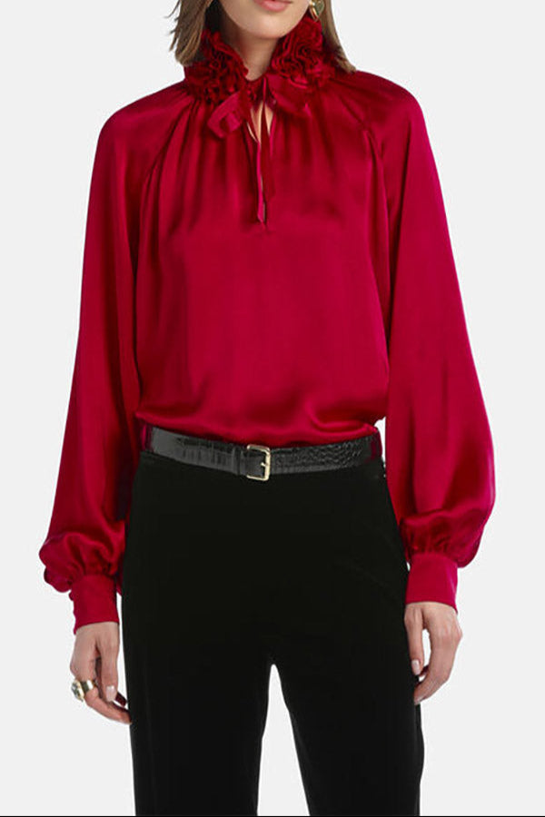 LUANAS RED  SILK  FLORAL APPLIQUÉ BLOUSE