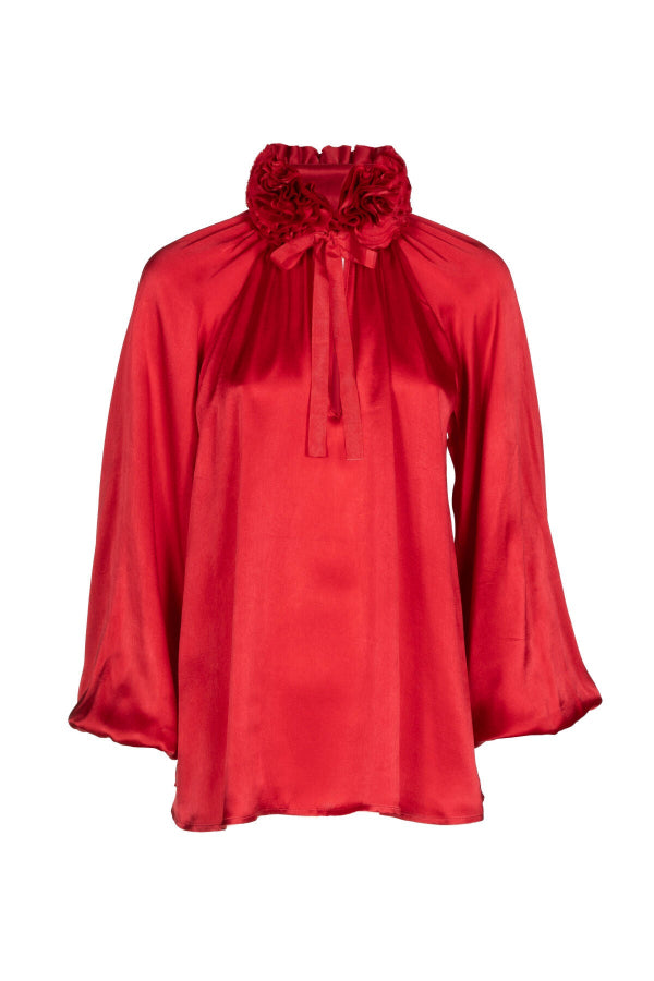 LUANAS RED  SILK  FLORAL APPLIQUÉ BLOUSE