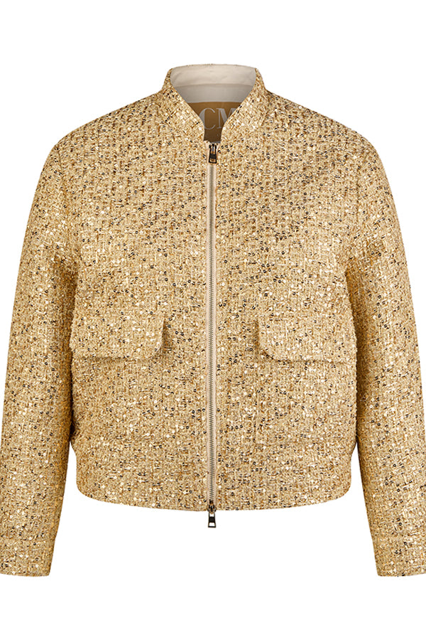 SEQUINNED GOLD ZIPPED BOUCLE JACKET
