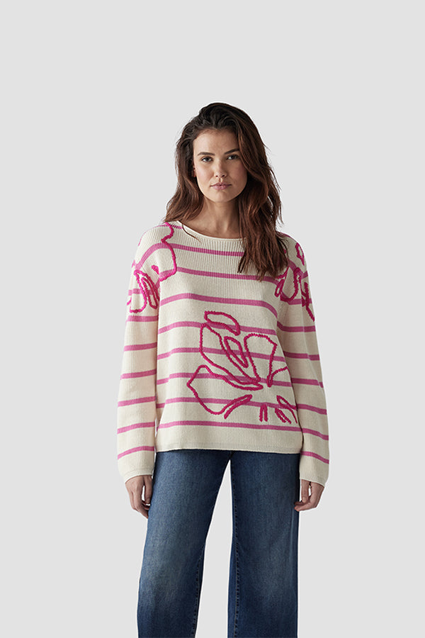 STRIPED SWEATER FLORAL PATTERN SWEATER