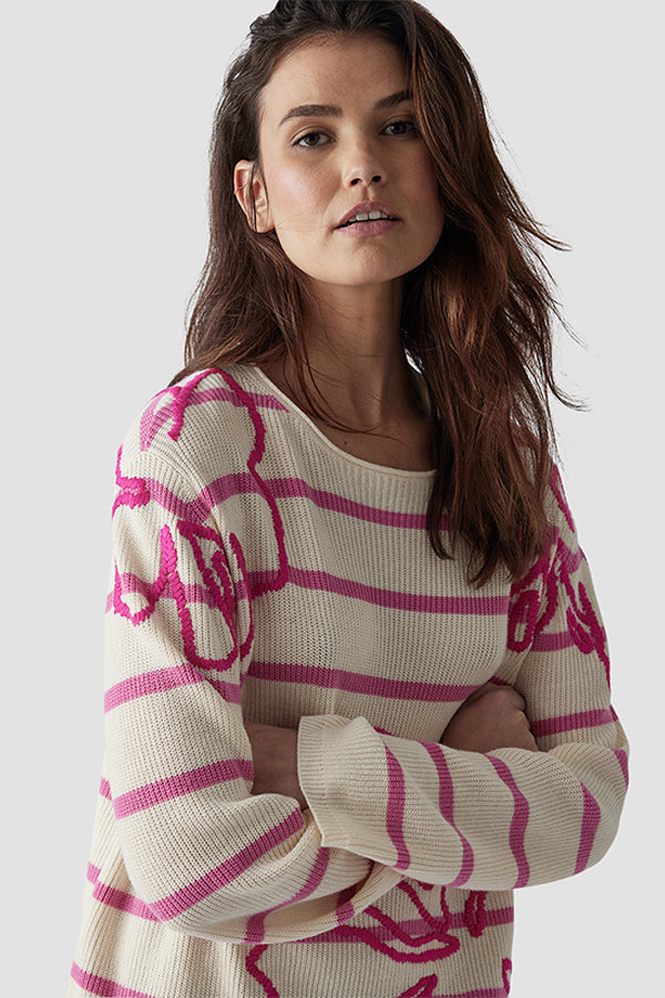 STRIPED SWEATER FLORAL PATTERN SWEATER