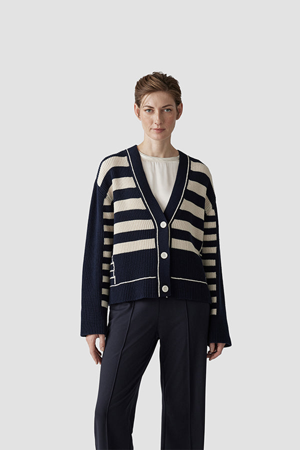 NAVY BEIGE STRIPED CARDIGAN