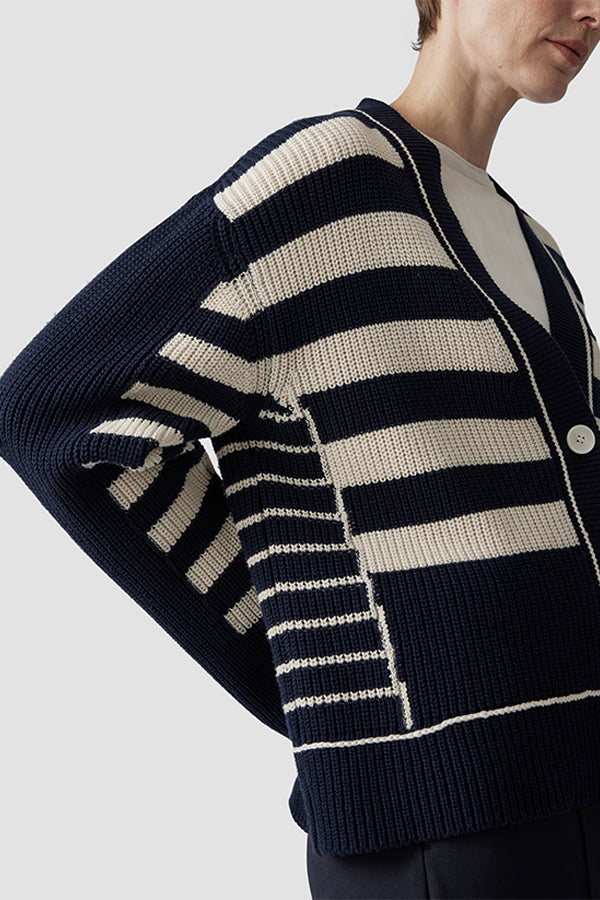 NAVY BEIGE STRIPED CARDIGAN