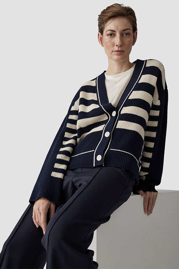 NAVY BEIGE STRIPED CARDIGAN