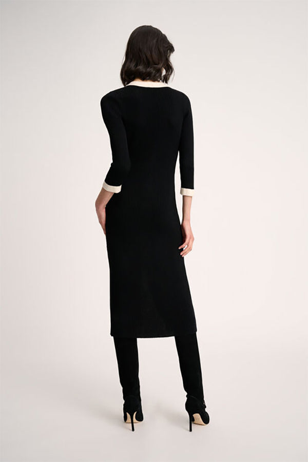 MICROFILM LONGUETTE CONTRASTED DETAIL WOOL DRESS