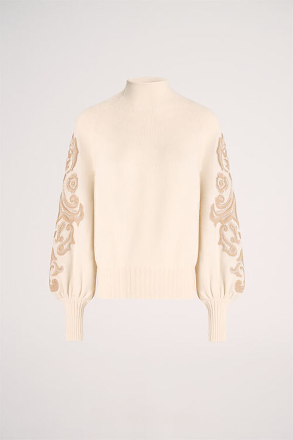 MINUCCIA CREAM TONAL DAMASK EMBROIDERY PULLOVER