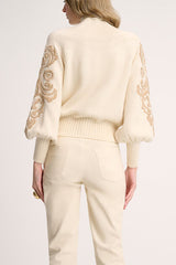 MINUCCIA CREAM TONAL DAMASK EMBROIDERY PULLOVER