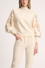 MINUCCIA CREAM TONAL DAMASK EMBROIDERY PULLOVER