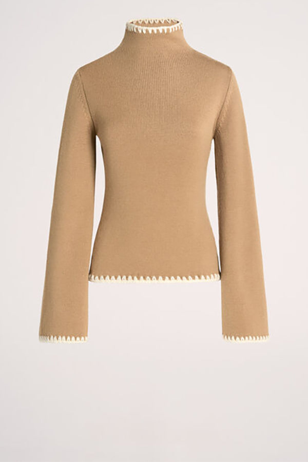 MONET BEIGE EMBROIDERED TRIM TURTLENECK PULLOVER