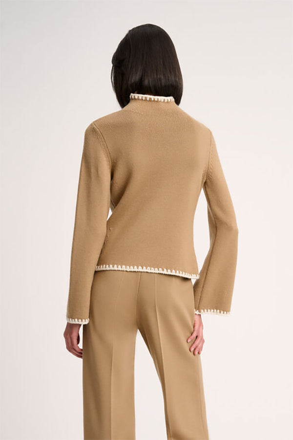 MONET BEIGE EMBROIDERED TRIM TURTLENECK PULLOVER