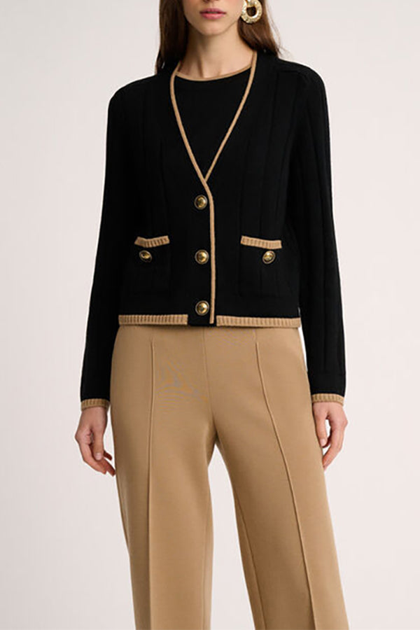 MOZIONE BLACK CAMEL CONTRAST TRIM CARDIGAN