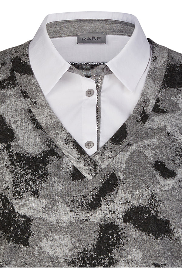 PRINTED GREY FINE KNIT SHIRT COLLAR JUMPER