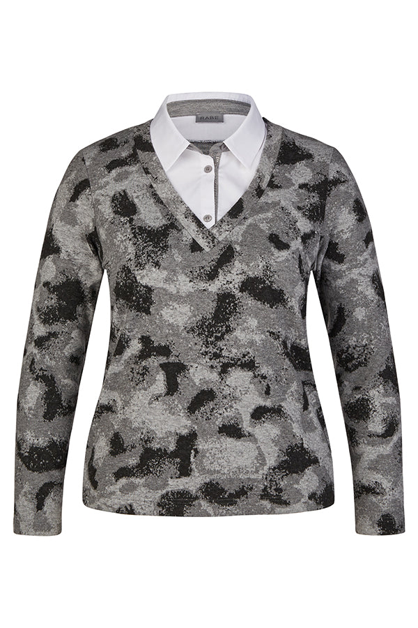 PRINTED GREY FINE KNIT SHIRT COLLAR JUMPER