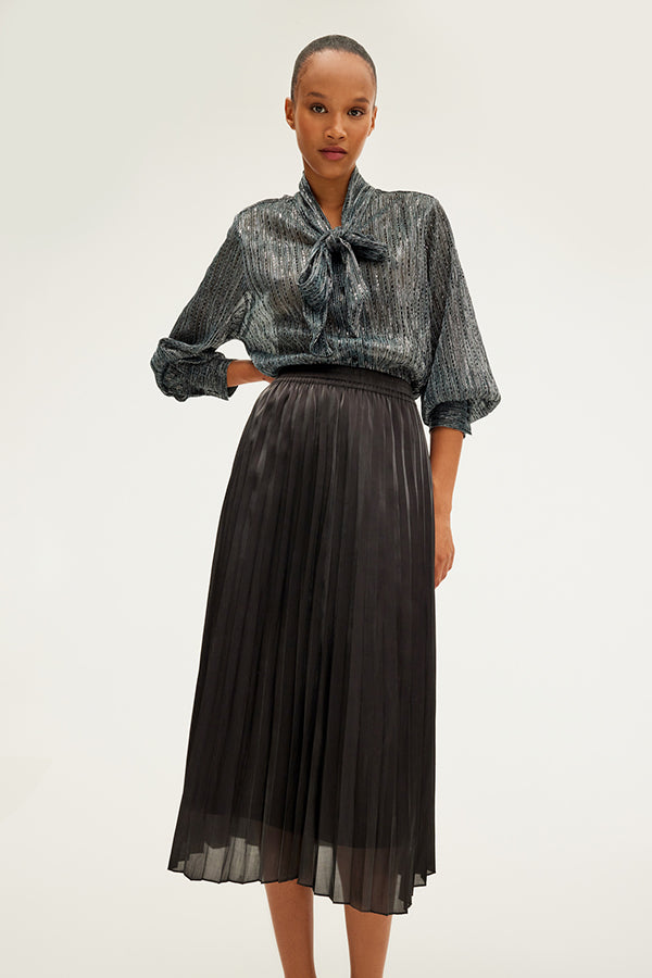 CELIA PLEATED SATIN MIDI SKIRT