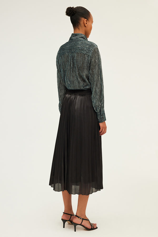 CELIA PLEATED SATIN MIDI SKIRT