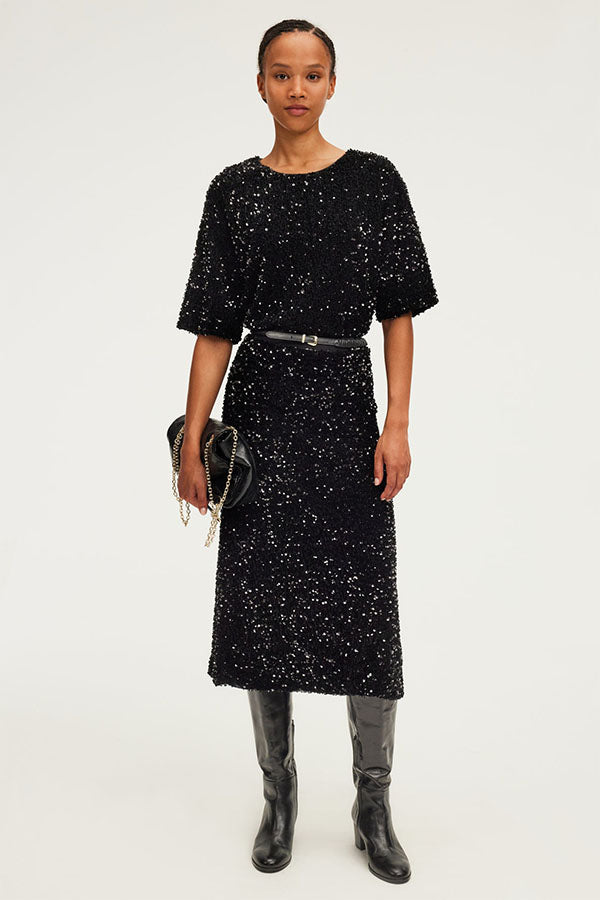 CLELIE BLACK SEQUIN MIDI SKIRT