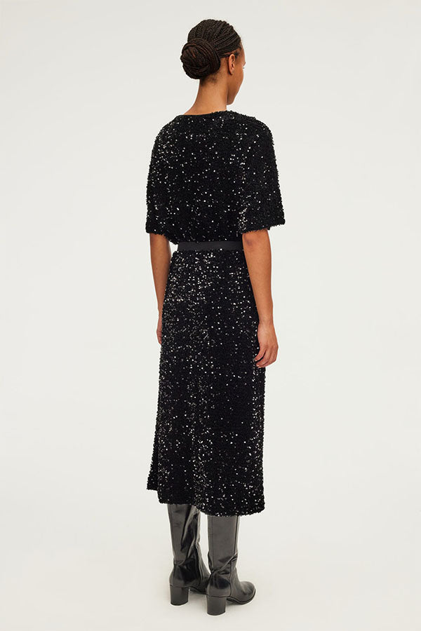 CLELIE BLACK SEQUIN MIDI SKIRT