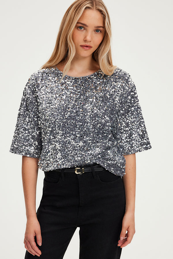 ALESSIA GREY SILVER SEQUIN TOP