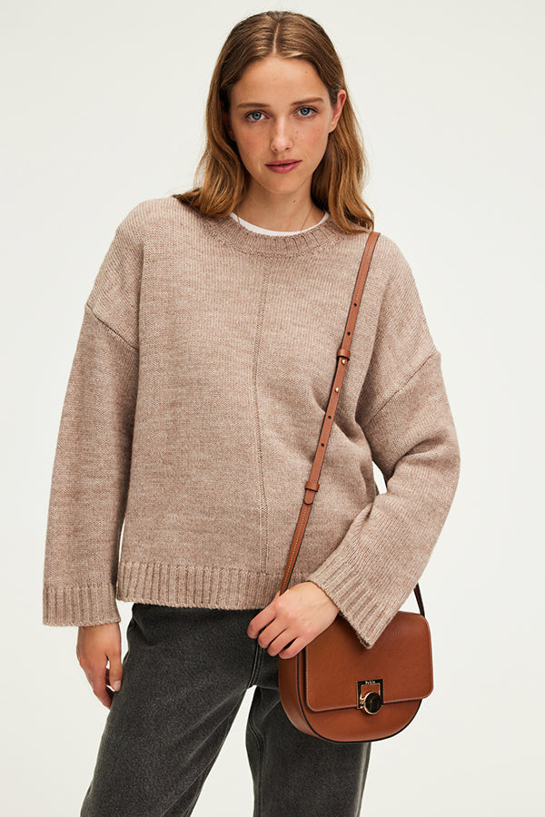 JOSSIA BEIGE WOOL BLEND ROUND NECK SWEATER