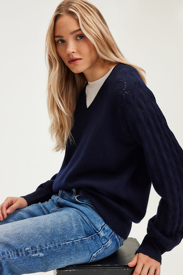 JIOTI BLUE OPENWORK SLEEVES WOOL PULLOVER