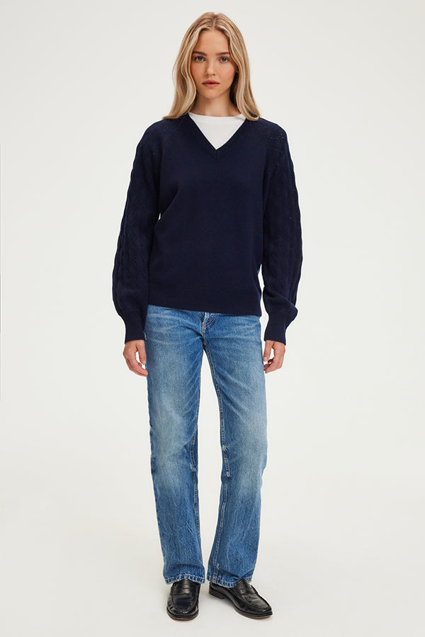 JIOTI BLUE OPENWORK SLEEVES WOOL PULLOVER