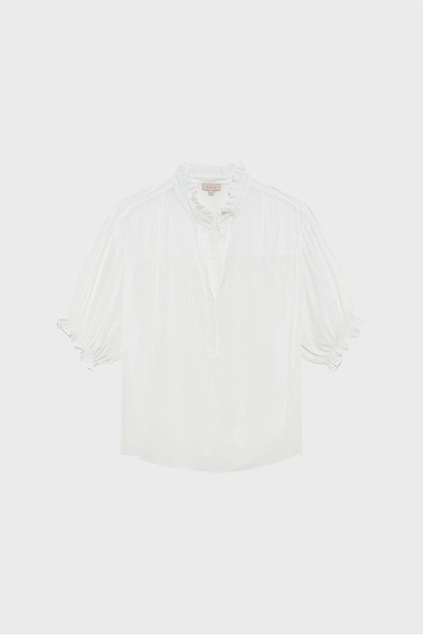 UMELIA WHITE RUFFLED SATIN BLOUSE