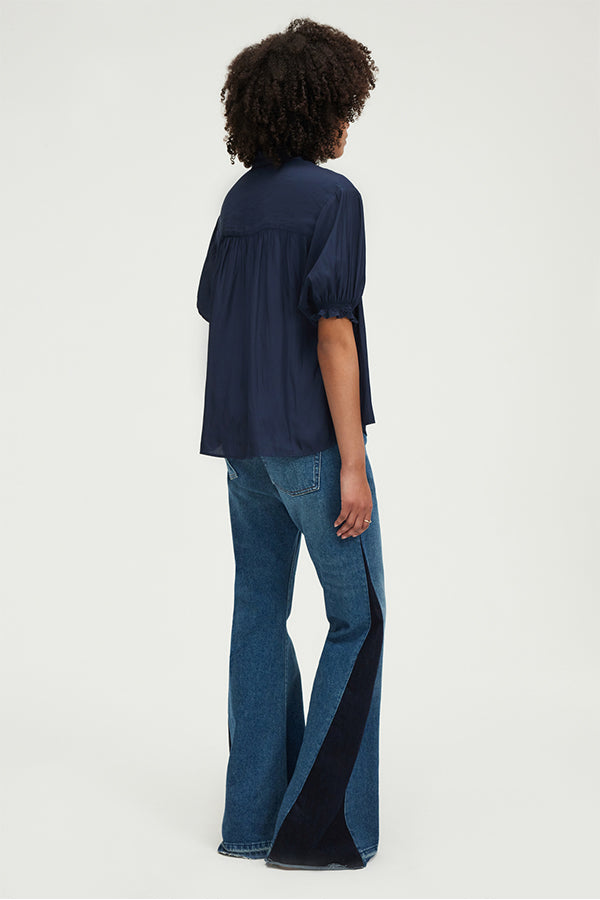 UMELIA NAVY RUFFLED SATIN BLOUSE