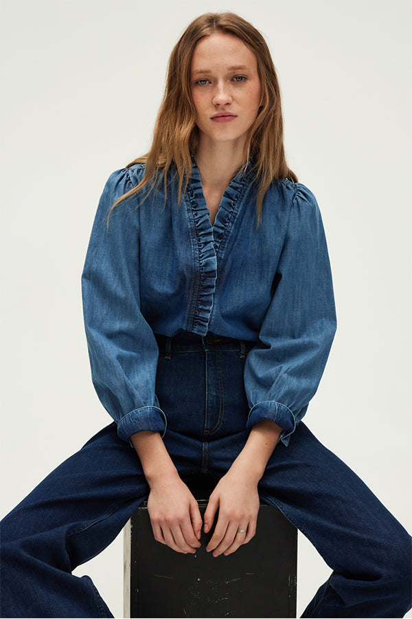 CELINE RUFFLED DENIM SHIRT