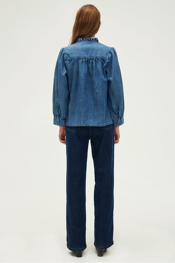 CELINE RUFFLED DENIM SHIRT