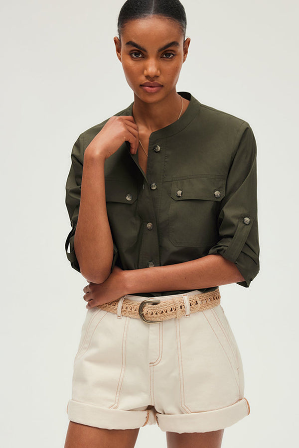 URSY KHAKI ROUND COLLAR COTTON SHIRT