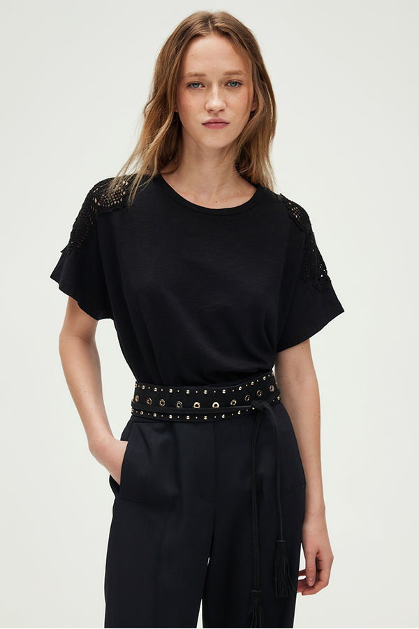 GRACIEL BLACK EMBROIDERED COTTON LOOSE T-SHIRT