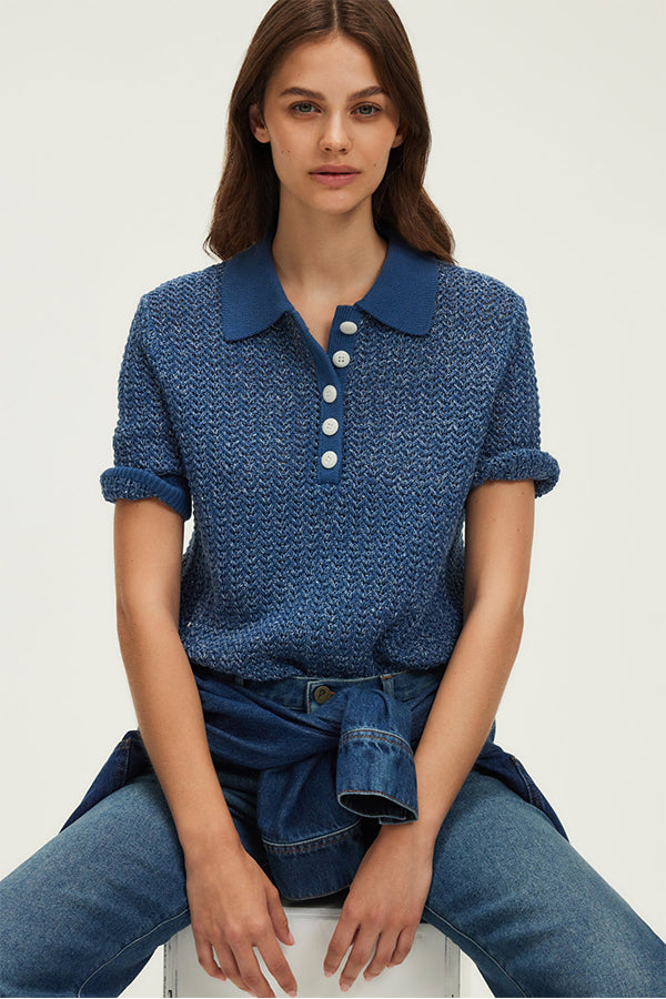 JOVITA MOTTLED COTTON LINEN POLO SHIRT